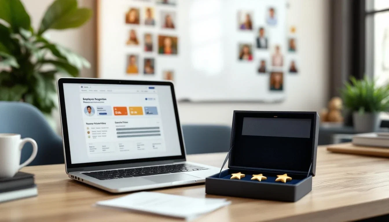 Modern HR office desk with employee recognition program materials, certificates, and gold star pins
